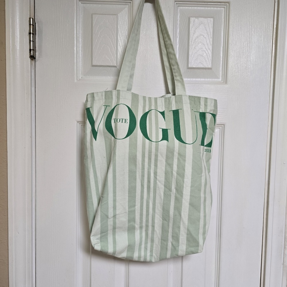Vogue 2023 Green Striped Canvas Stylish Tote Bag